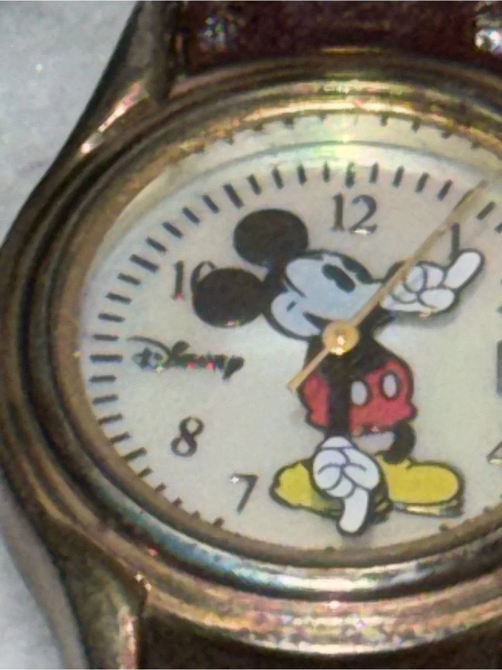 Vintage Disney Classic Mickey Mouse Pointing Hands Brown Band Watch W/Box MK1033